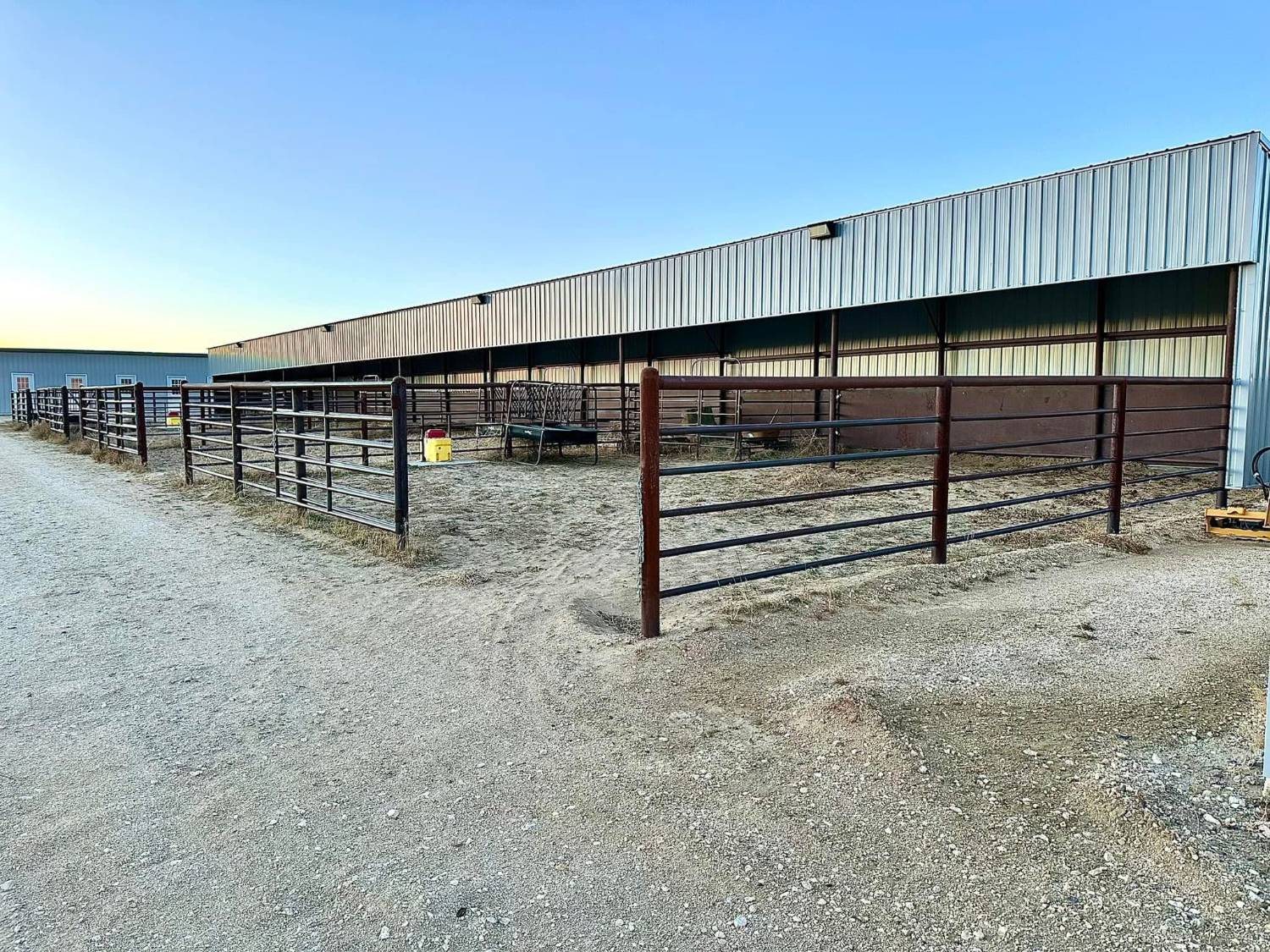 Covered pens with outdoor runs at dusk